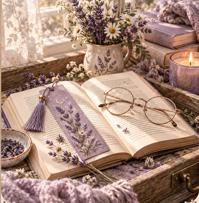 Раскрытая книга и письмо рядом с цветами лаванды