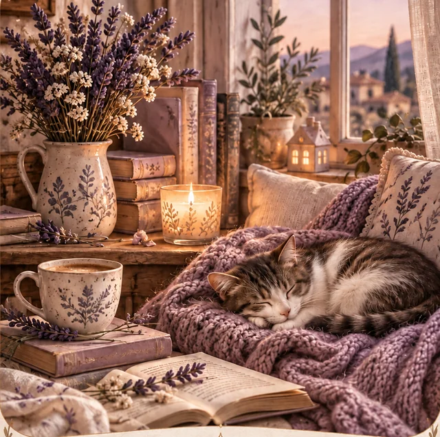 Тёплый дом с пледом, книгами и цветущей лавандой